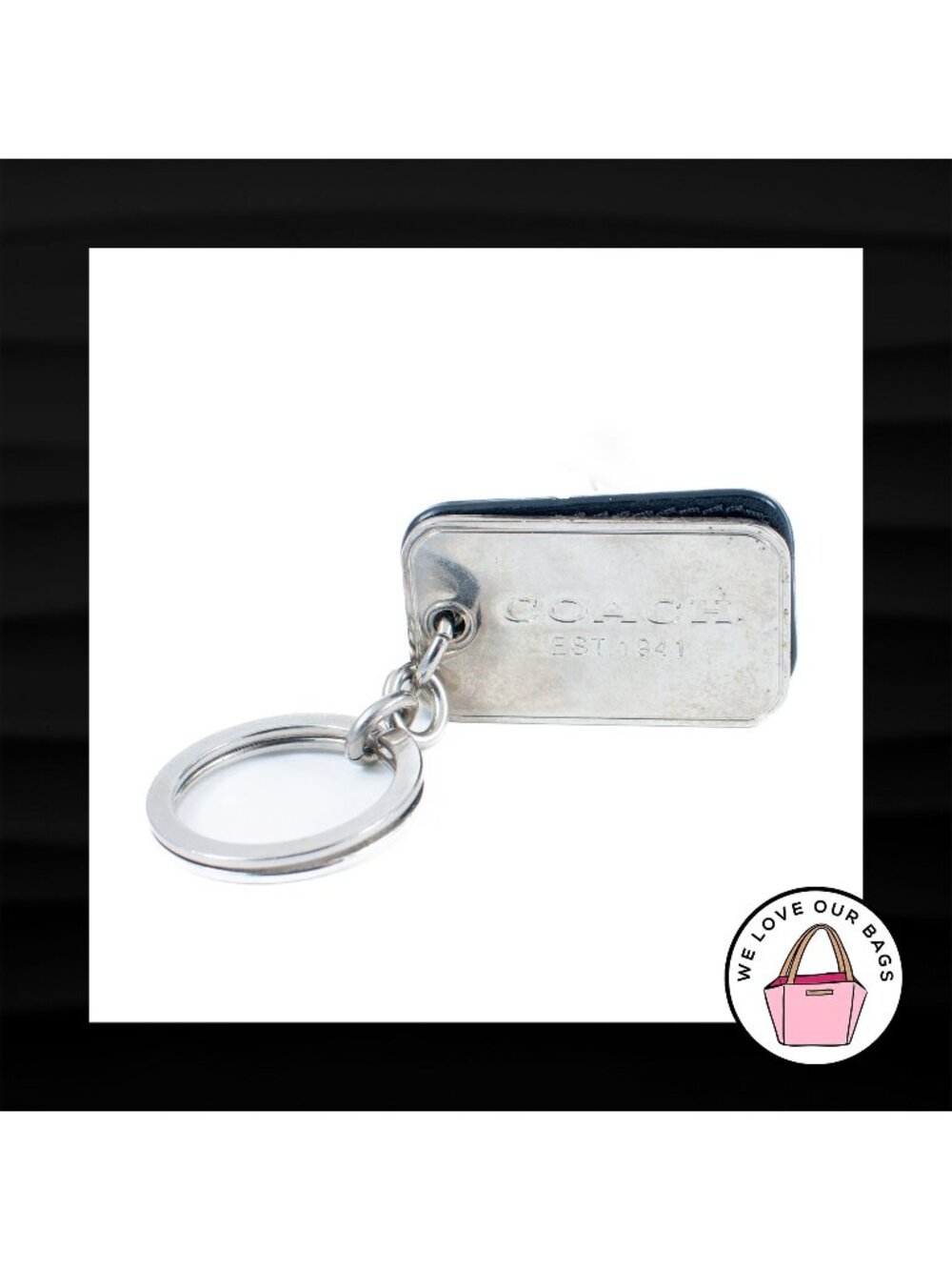 COACH NEW YORK SILVER METAL & BLACK LEATHER HANGTAG KEY FOB BAG CHARM KEYCHAIN